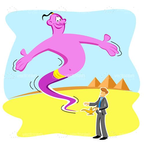 Businessman with Genie and Lamp on a Desert Background